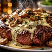 Rib Eyes with Whiskey Blue Cheese Sauce and Mushrooms