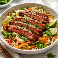 Rice Noodles with Sesame Ginger Flank Steak