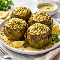 Rice Stuffed Artichokes with Lemon Sauce