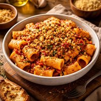 Rigatoni with Red Pepper Almonds and Bread Crumbs