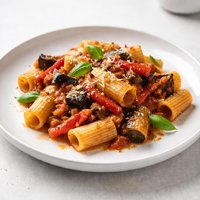Rigatoni with Tomato Eggplant Red Peppers