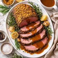 Roast Beef with a Mustard Crust and Traditional Gravy
