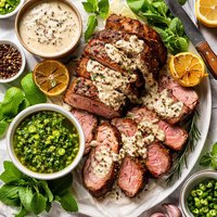 Roast Lamb W Peppercorn Cream Sauce and Jalapeno Mint Sauce