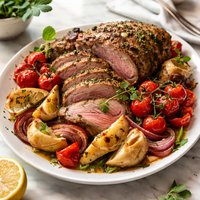 Roast Lamb with Tomatoes and Artichoke Hearts