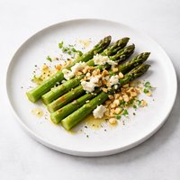 Roasted Asparagus and Goats Cheese with Macadamia Nut Dressing