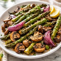 Roasted Asparagus Mushrooms and Onions