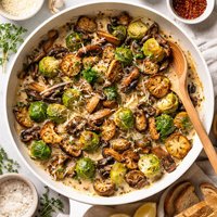 Roasted Brussels Sprouts with Wild Mushrooms and Cream