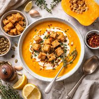 Roasted Butternut Squash Soup with Crispy Croutons