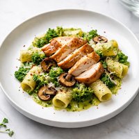 Roasted Chicken Rigatoni with Mushrooms and Broccoli Sauce