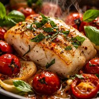 Roasted Cod and Tomatoes with Basil and White Wine