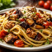 Roasted Eggplant and Sausage with Linguine