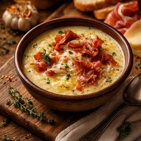Roasted Garlic Soup with Swiss Cheese and Prosciutto