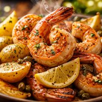 Roasted Jumbo Shrimp with Potatoes Lemon and Capers