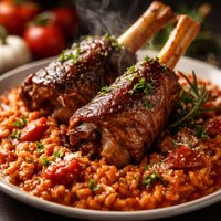 Roasted Lamb Shanks with Red Wine Tomato Garlic Risotto