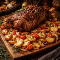 Roasted Lamb with Potato Onion and Tomato Gratin
