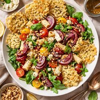 Roasted Onion Pasta Salad with Peppered Cheese Crisps