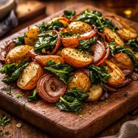 Roasted Onions Potatoes and Spinach