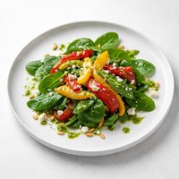 Roasted Peppers and Spinach Salad with Pesto Vinaigrette