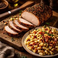 Roasted Pork Loin with Bacon and Onion Spaetzle