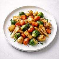 Roasted Potatoes Carrots Parsnips and Brussels Sprouts