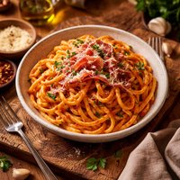 Roasted Red Pepper Puree W Prosciutto and Linguine