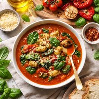 Roasted Red Pepper Tomato Soup with Spinach Gnocchi