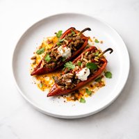 Roasted Red Peppers with Lamb Eggplant and Chili Sauce