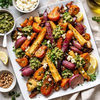 Roasted Root Vegetables with Walnut Pesto
