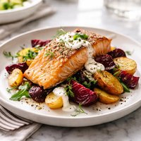 Roasted Salmon Beets and Potatoes with Horseradish Cream
