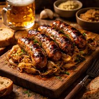 Roasted Sausages with Beer Braised Onions