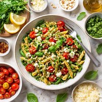 Roasted Tomato Feta Penne with Arugula Pesto