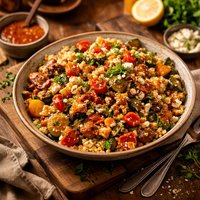 Roasted Vegetable Couscous Salad with Harissa Style Dressing