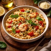 Rock Shrimp Tomato and Leek Risotto with Basil and Meyer Lemon