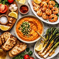Romesco with Grilled Bread Spring Onions and Shrimp