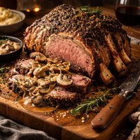 Rosemary and Pepper Standing Rib Roast with Two Mushroom Pan Sau