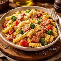 Rotini Pasta with Smoked Ham Vegetables and 3 Cheeses
