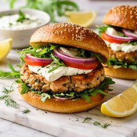 Salmon Burgers with Lemon Sour Cream Sauce