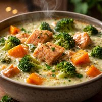 Salmon Sweet Potato and Broccoli Chowder