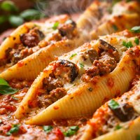Sausage and Eggplant Stuffed Shells in Tomato Basil Cream Sauce