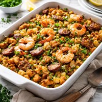Sausage and Shrimp Cornbread Stuffing Casserole