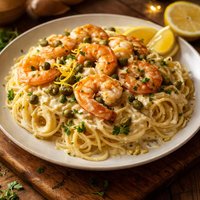 Sauteed Shrimp with Lemon Caper Cream Sauce on Angel Hair Pasta