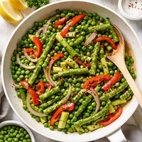 Sauteed Spring Peas Asparagus Red Peppers and Onions