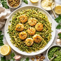 Scallops and Pasta with Pistachio Parsley Pesto