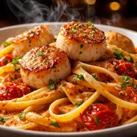 Scallops Pan Seared on Linguine with Tomato Cream