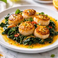 Scallops with Spinach and Spicy Orange Juice Sauce