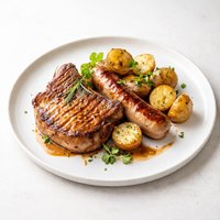 Schweinskoteletten Mit Bratwurt Und Kartoffeln