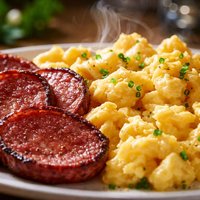 Scrambled Eggs and Fried Beef Salami