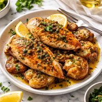 Seared Chicken with Smashed Potatoes Herbed Pan Sauce