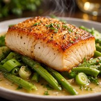 Seared Halibut W Haricots Vert Scallions and White Wine Sauce