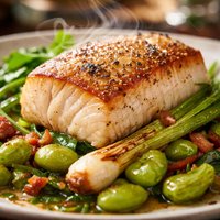 Seared Halibut with Walla Walla Spring Onions Fava Beans and Sh